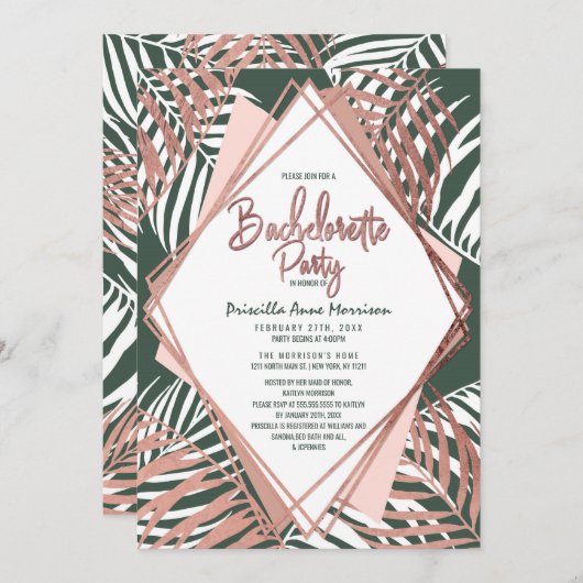 Invitation Rose Vert Gold Tropical Palm Tree Bachelorette (Devant / Derrière)