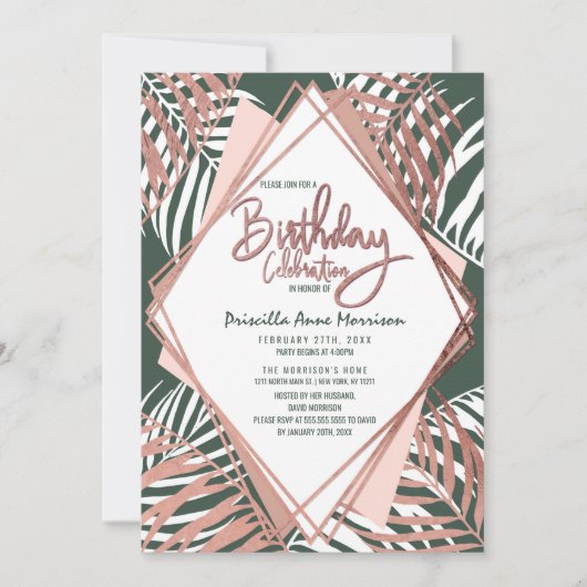Invitation Rose vert Gold Tropical Palm Tree Feuilles Anniver (Devant)