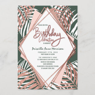 Invitation Rose vert Gold Tropical Palm Tree Feuilles Anniver