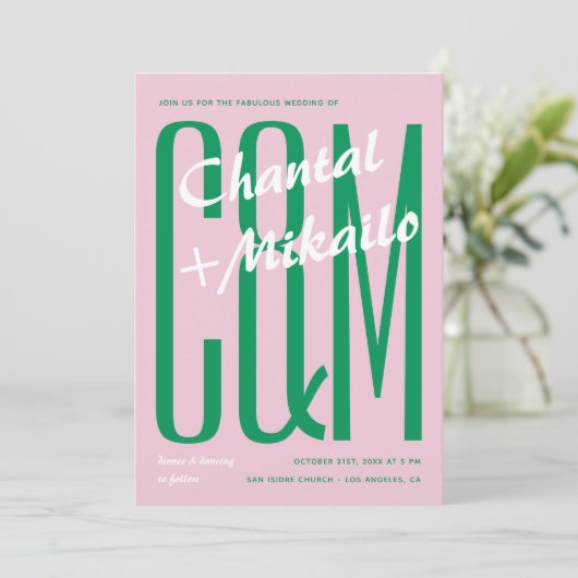 Invitation Rose vert grand monogramme Créatif Bold Mariage am (Debout devant)