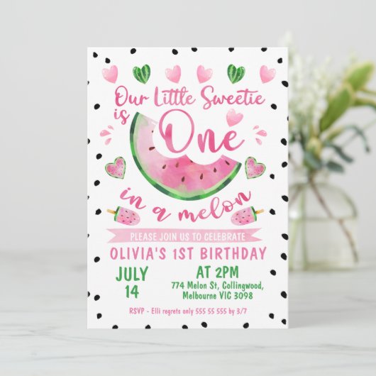 Invitation Rose Vert Noir Un Dans Un Melon 1er Anniversaire (Debout devant)