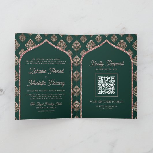 Invitation Rose vert or Damask Arch QR Code Musulman Mariage (Intérieur)