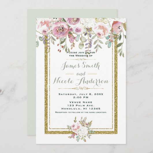 Invitation Rose Vert & Or Moderne Floral Pastel Mariage (Devant / Derrière)