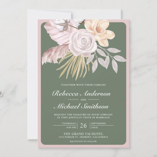 Invitation Rose vert rustique rose floral QR Code Mariage (Devant)