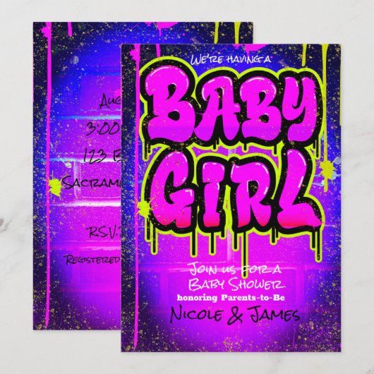 Invitation Rose Vert Violet Peinture qui Goutte Fête de Bébé (Devant / Derrière)
