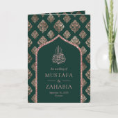 Invitation Rose Verte Or Damassé Code QR Arche Mariage Musulm (Devant)