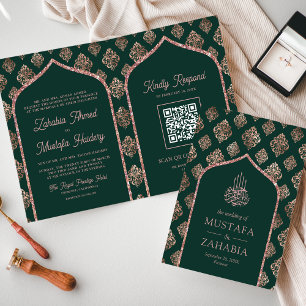 Invitation Rose Verte Or Damassé Code QR Arche Mariage Musulm