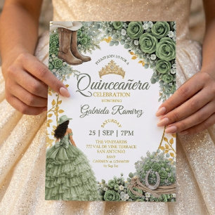 Invitation Rose verte sage occidentale Quinceañera dorée de c