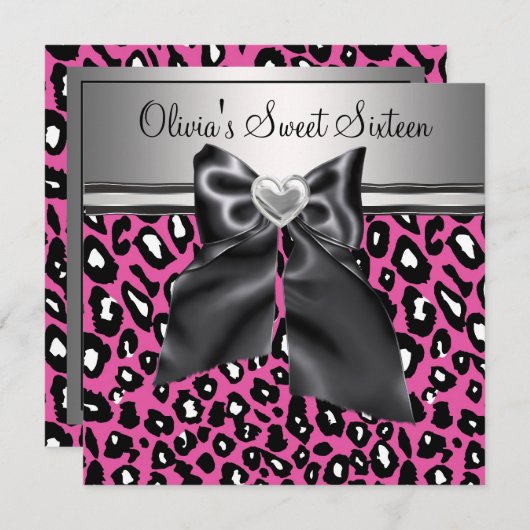 Invitation Rose vif Anniversaire des seize ans thème léopard (Devant / Derrière)