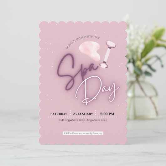Invitation Rose vif, fille, anniversaire spa (Debout devant)