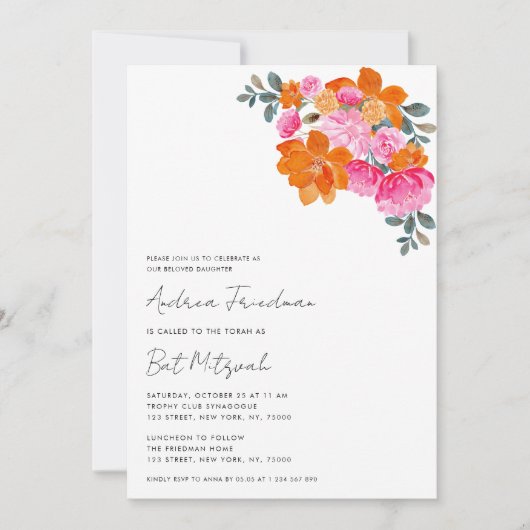 Invitation Rose vif floral orange Bat Mitzvah vibrant (Devant)