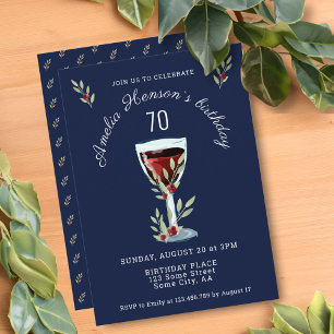 Invitation Rose Vin Rouge Aquarelle Bleu Nuit 70e Anniversair