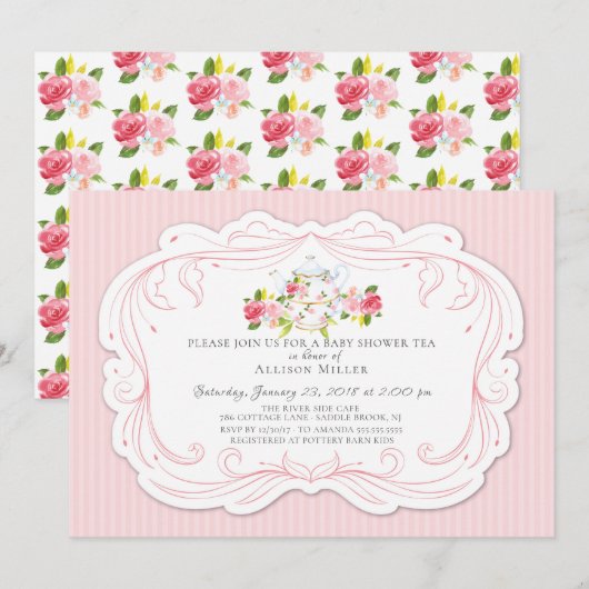 Invitation Rose vintage Baby shower Tea Party (Devant / Derrière)