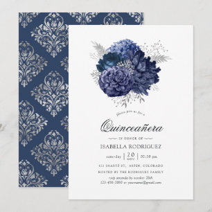 Invitation Rose vintage bleu marine et argent pour Quinceañer