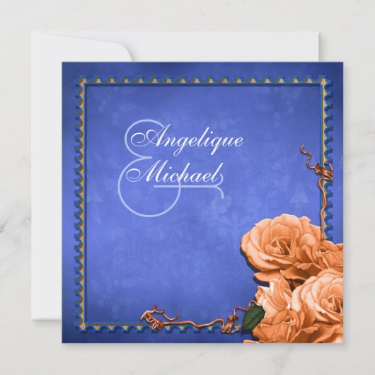 Invitation rose vintage mariage orange bleu (Devant)