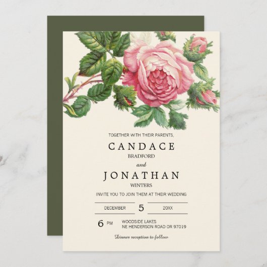 Invitation Rose Vintage peint Mariage Boho (Devant / Derrière)