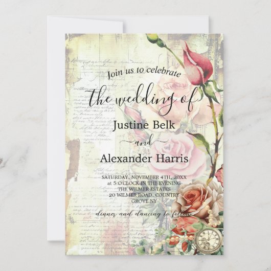 Invitation Rose vintage Photo Code QR Mariage (Devant)