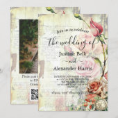 Invitation Rose vintage Photo Code QR Mariage (Devant / Derrière)