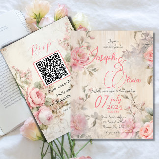 Invitation rose vintage shabby chic avec qr rsvp mariage