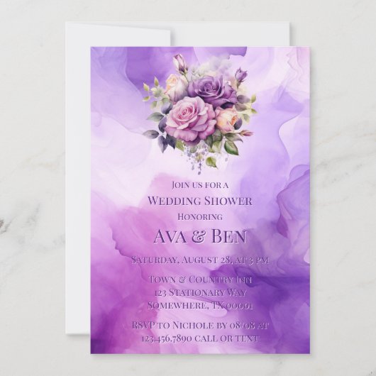 Invitation Rose violet alcool Jardin Mariage Douche (Devant)