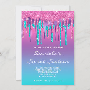 Invitation Rose Violet Aqua Sarcelle Dégradé Goutte Douze Ans