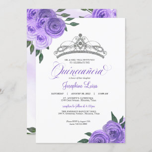 Invitation Rose violet argent Tiara Quinceañera Anniversaire 