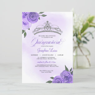 Invitation Rose violet Argent Tiara Quinceañera Anniversaire