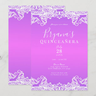 Invitation Rose Violet Blanc Dentelle Élégante Fête de Quince