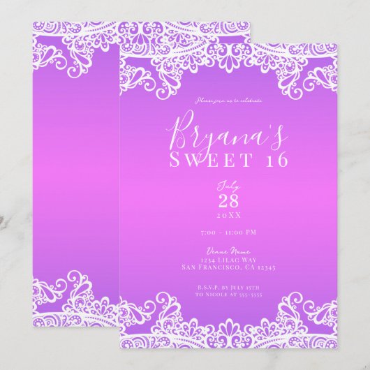 Invitation Rose Violet & Blanc Fête Douce 16 Party (Devant / Derrière)