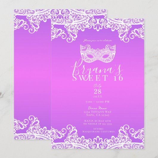 Invitation Rose Violet Blanc Mascarade Fête Douce 16 Ans (Devant / Derrière)