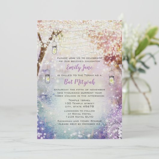 Invitation Rose violet bleu Fairy Lights Boho Forest (Debout devant)