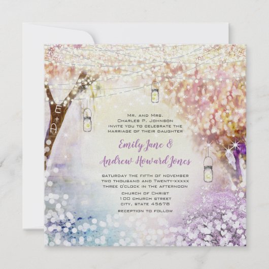 Invitation Rose violet bleu Fairy Lights Boho Forest Mariage (Devant)