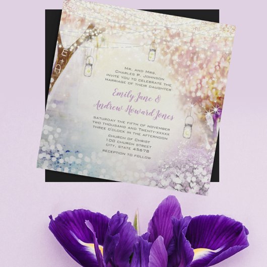 Invitation Rose violet bleu Fairy Lights Boho Forest Mariage