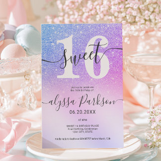 Invitation Rose Violet Bleu Faux Paillettes Sweet 16