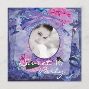 Invitation Rose violet bleu Hydrangea Photo Sweet 16 Party