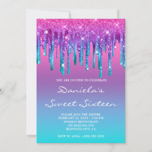 Invitation Rose Violet Bleu Sarcelle Dégradé Goutte Douze Ans