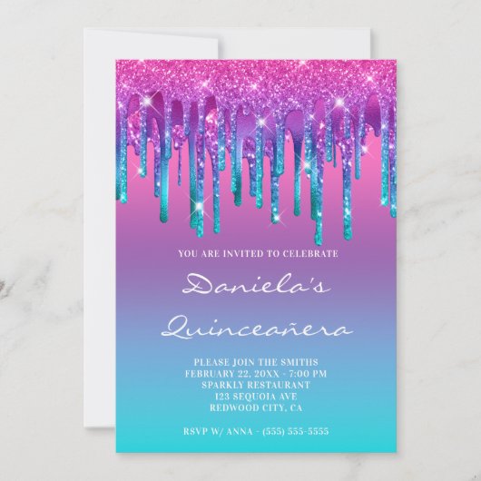 Invitation Rose Violet Bleu Sarcelle Dégradé Quinceañera (Devant)