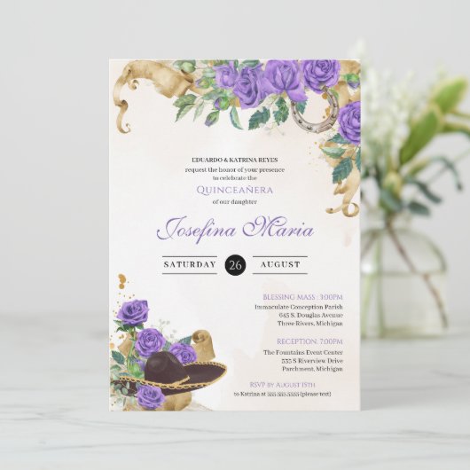 Invitation Rose violet clair Mexicana Mariachi Quinceanera (Debout devant)