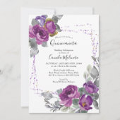 Invitation Rose violet Confetti Frame Floral Quinceanera (Devant)