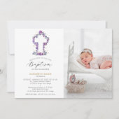 Invitation Rose violet Croix blanche bébé bébé bébé Baptême p (Devant)