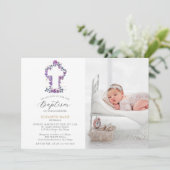 Invitation Rose violet Croix blanche bébé bébé bébé Baptême p (Debout devant)