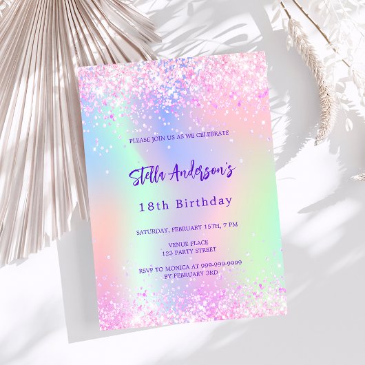 Invitation Rose violet éclat holographique 18e anniversaire