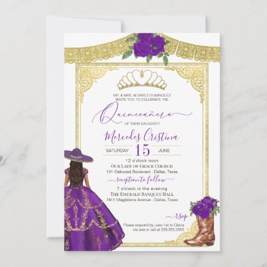 Invitation Rose violet élégant Western Charro Quinceanera (Devant)