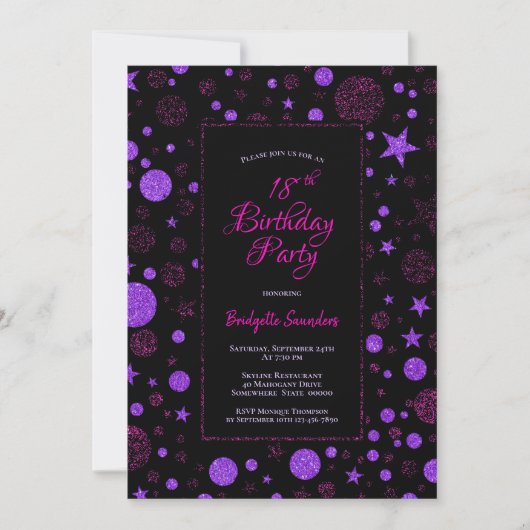 Invitation Rose violet étoiles et points Noir 18e anniversair (Devant)