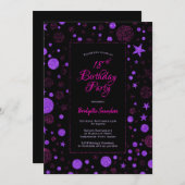 Invitation Rose violet étoiles et points Noir 18e anniversair (Devant / Derrière)