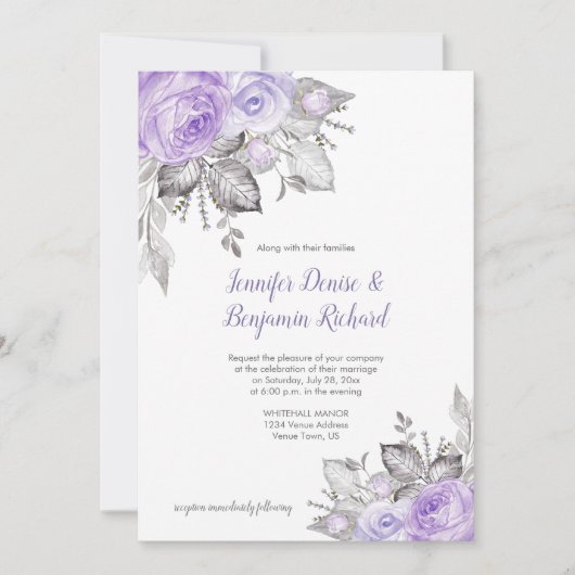 Invitation Rose violet Feuilles d'argent - blanc - Mariage | (Devant)