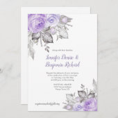 Invitation Rose violet Feuilles d'argent - blanc - Mariage | (Devant / Derrière)
