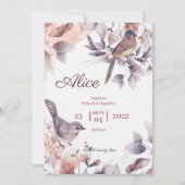 Invitation Rose Violet fleuri avec baby shower aux oiseaux (Devant)
