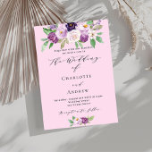 Invitation Rose violet fleurs vert script mariage