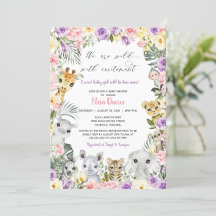 Invitation Rose violet Floral Jungle Animaux Fille Baby showe